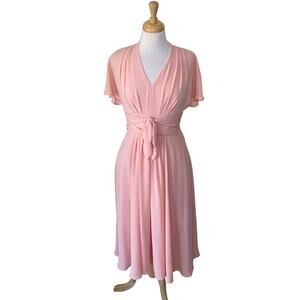 GAL MEETS GLAM Jane Tie Waist Midi Dress V Neck Size 2 Pink